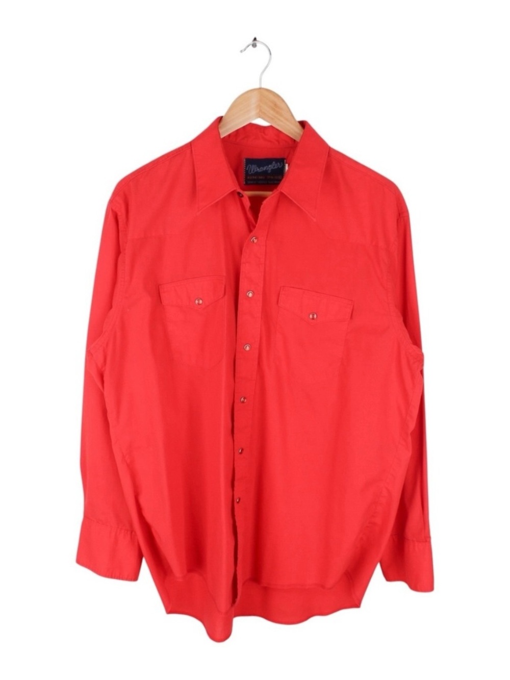 Vintage 70s Wrangler‎ Western Pearl Snap Shirt Red Long Tail USA Men's Size XL